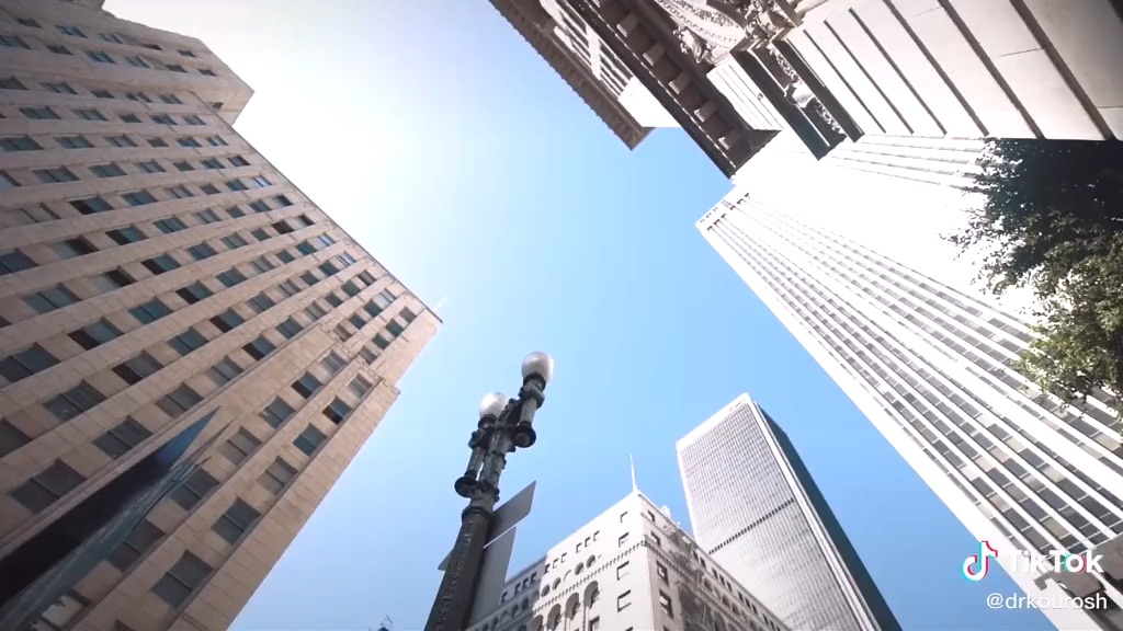 Downtown Los Angeles high-rise towers seen looking up from street level