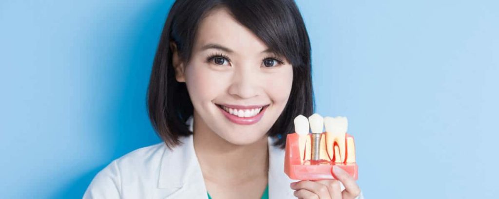 Clinician holding a model showing implant-supported teeth