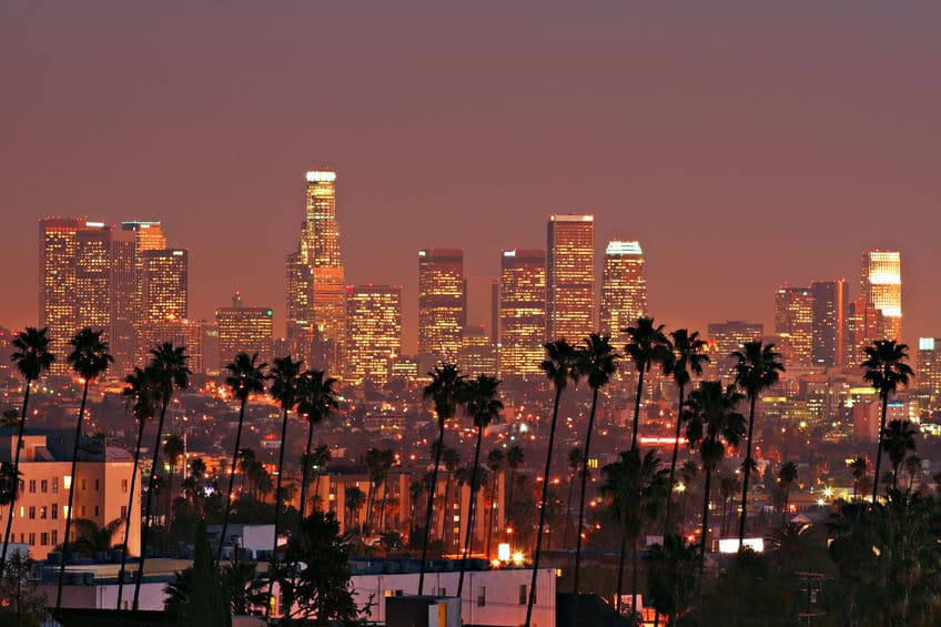 Downtown Los Angeles skyline lit up at dusk behind palm trees