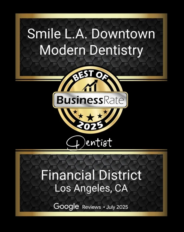 Best of BusinessRate 2025 award seal for Smile L.A. Downtown Modern Dentistry, Financial District, Los Angeles