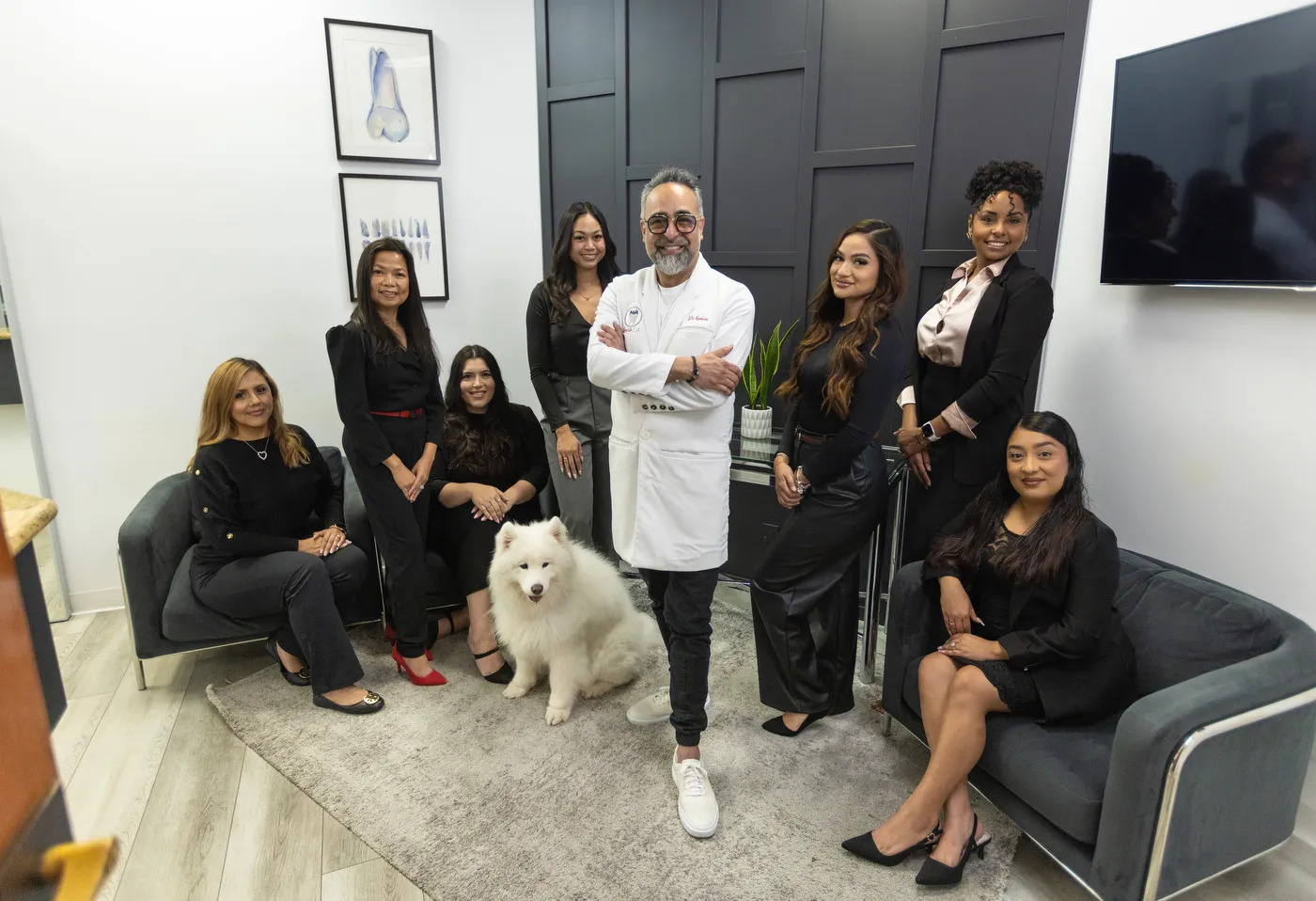The Smile LA team with Dr. Kourosh Yousefzadeh in the Downtown Los Angeles office lounge